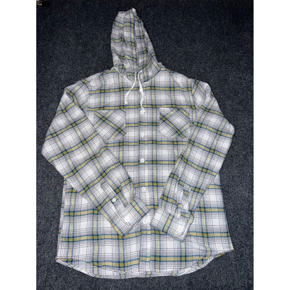 Aeropostale Mens Large Plaid Hooded Flannel Shirt White Grey Yellow Button Down